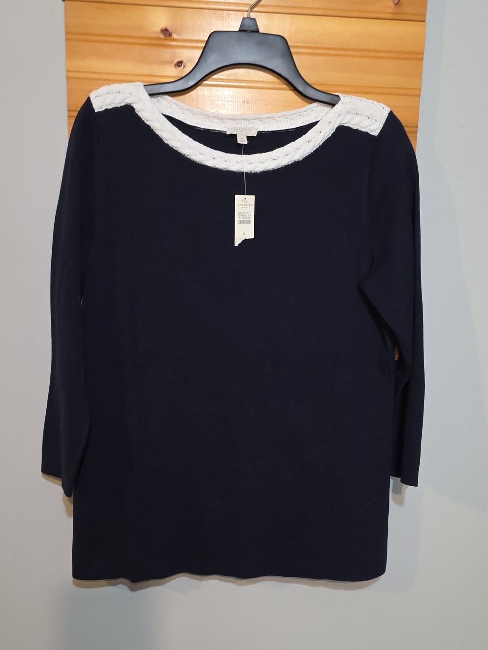 Talbots Women's Navy Sweater Cream Cable Knit Trim Neckline Medium NWT